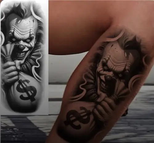 Clown holding money bag with dollar sign — tattoo design and stencil