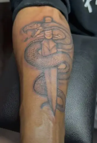 Snake coiled around sword — forearm tattoo